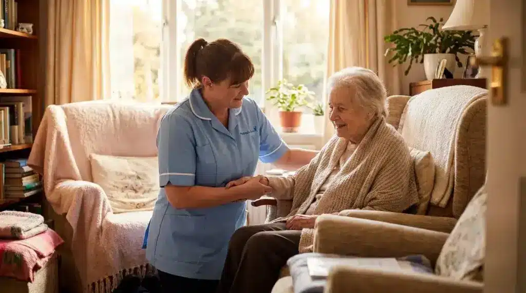 Caregiver assisting elderly woman