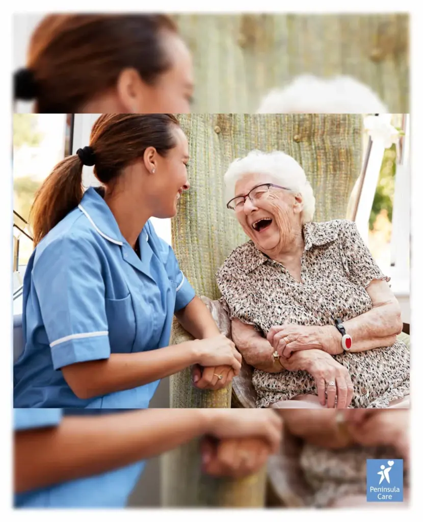 Care worker supporting an elderly woman.