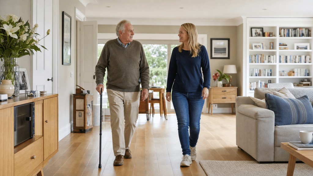 Older man walks confidently with a cane beside a support worker at home.