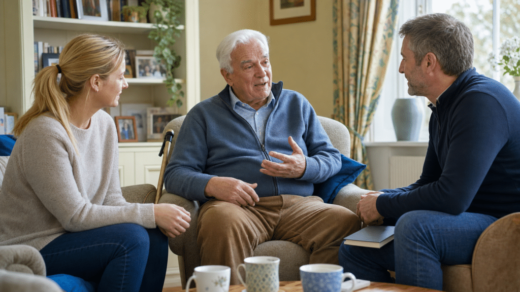 Older man discusses support options with a family member and support worker at home.