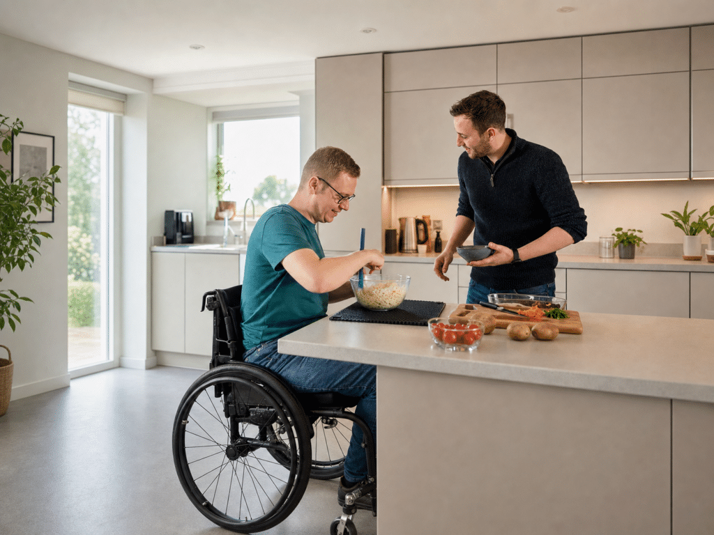 Wheelchair user prepares food with a support worker in a modern kitchen.
