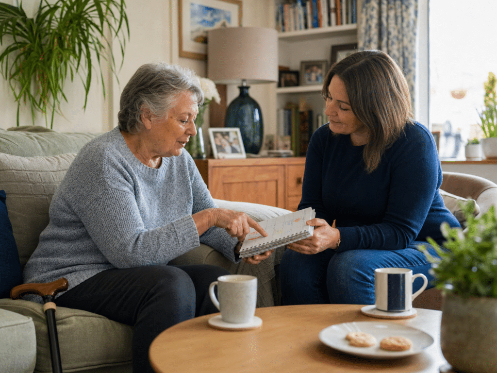 Older woman plans her day with a support worker over tea at home.